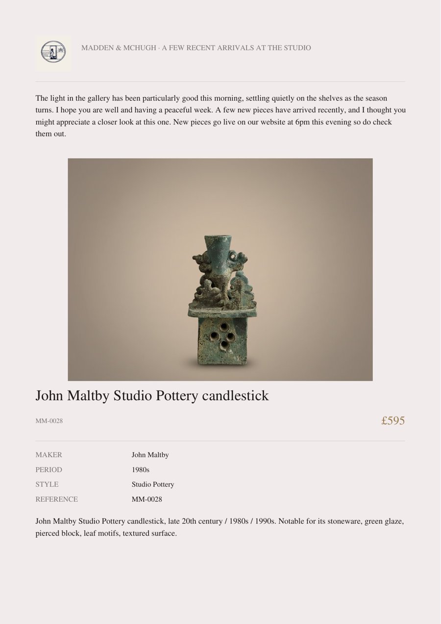 Example newsletter page featuring a John Maltby studio pottery candlestick